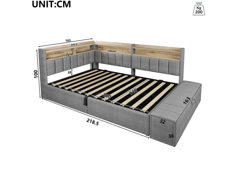  Lit coffre, 140 x 200 cm, lit de repos avec élément de rangement latéral, bande lumineuse led et prise électrique, velours, gris  - Conforama C