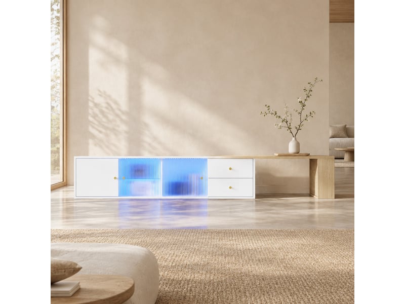  Meuble tv extensible 175 x 40 x 38 cm avec led rgb, 2 tiroirs, blanc et bois  - Conforama B