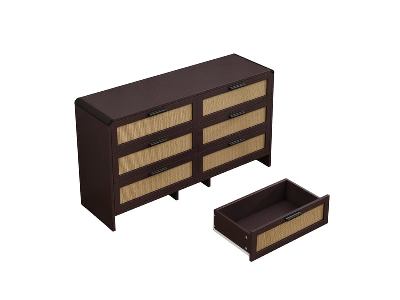  Meuble de rangement d'angle 130 x 40 x 74 cm – marron rougeâtre – 6 tiroirs en rotin, rangement polyvalent  - Conforama D