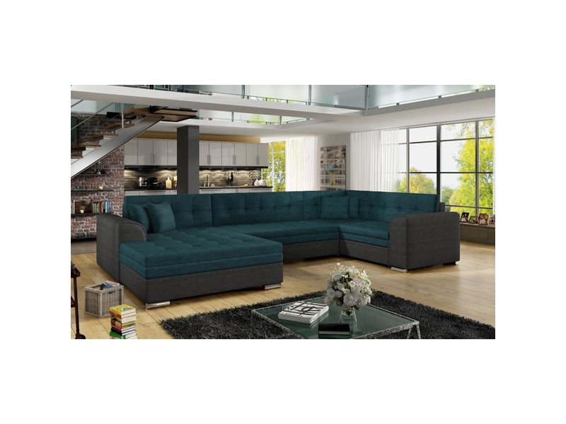 Canapé panoramique convertible caldero 5 places bleu canard et noir – angle gauche - Conforama E