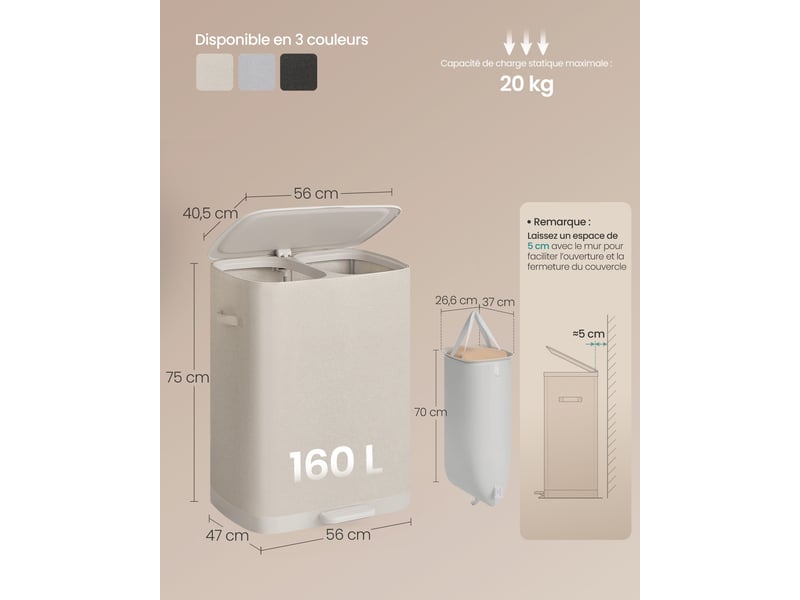  Panier à linge 2 compartiments 56 x 40,5 x 75 cm avec couvercle sacs amovibles usage buanderie salle de bain en plastique beige clair 12_0013071  - Conforama B