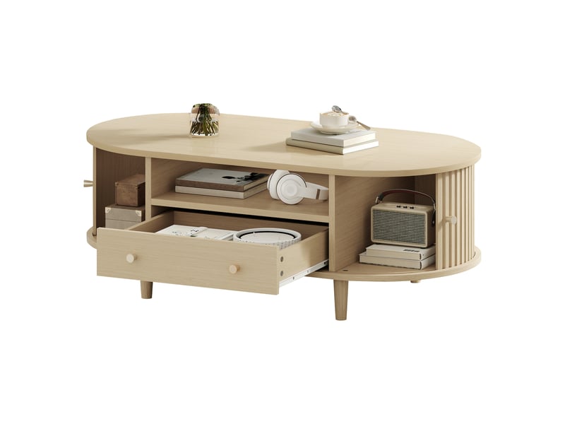  Table basse ovale en bois avec tiroir et porte coulissante 100x50 cm - rangement ouvert  - Conforama A