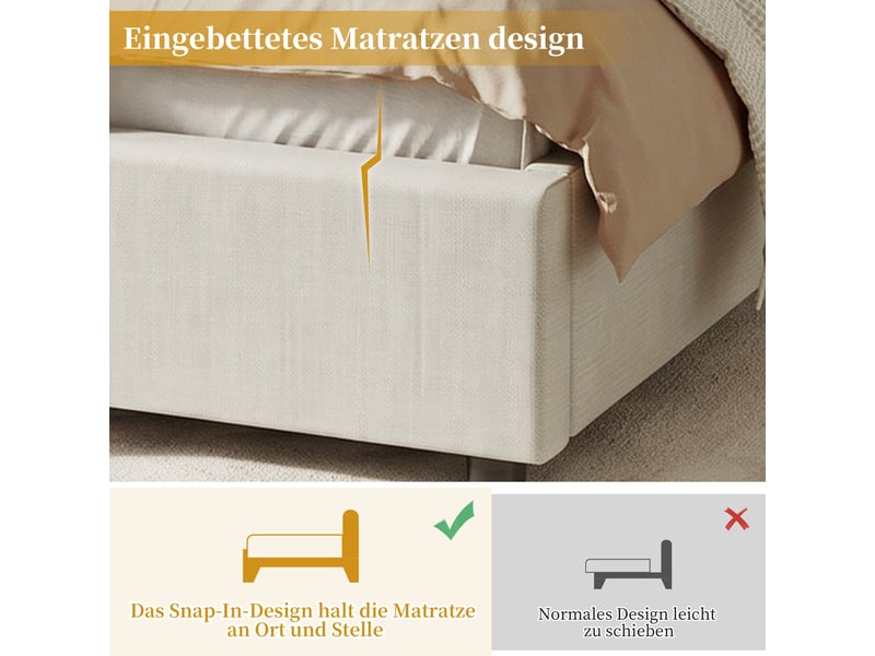  Lit enfant simple 90×200 cm, tête de lit rembourrée, sommier inclus - okmyhome- en lin beige, sans matelas  - Conforama E