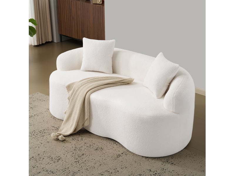  Canapé 2 places incurvé blanc crème 170x89x70 cm avec 2 coussins  - Conforama D