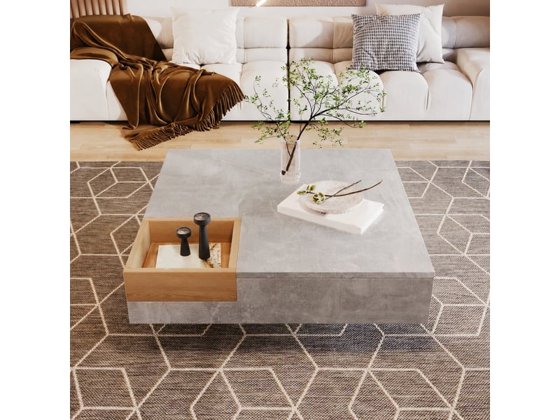  Table basse carrée avec coffre de rangement amovible, gris béton et effet bois, 72 x 72 x 30 cm  - Conforama D