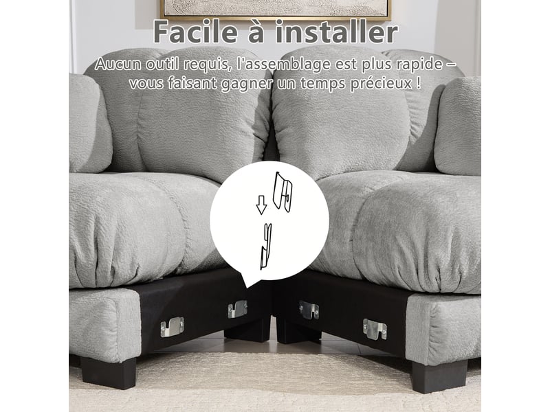 Canapé modulable 2 places en chenille gris clair 190 x 149 x 90 cm avec ottomane mobile, salon W3325S00470 - Conforama E
