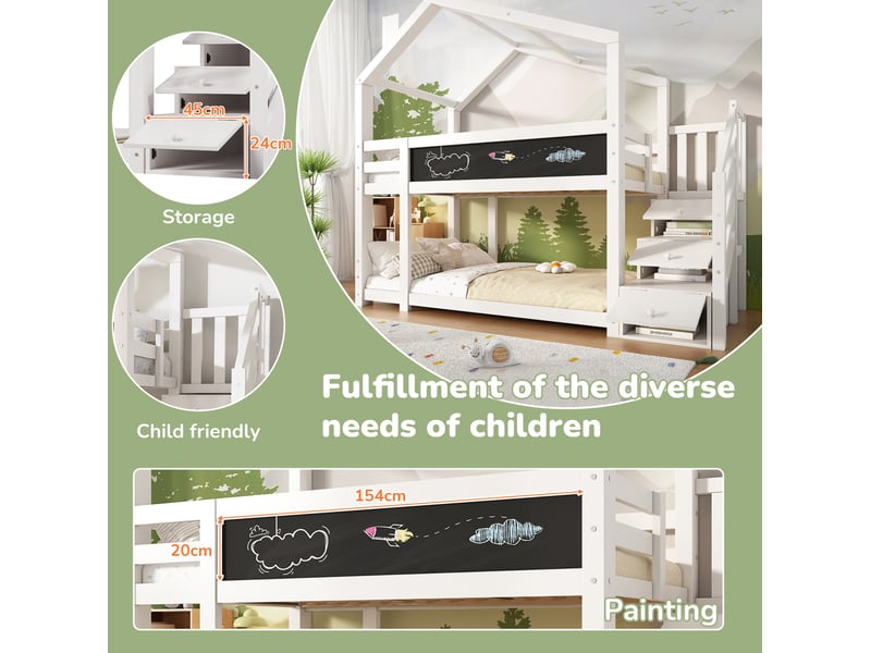 Lit superposé enfant 2x90x200 cm – blanc – escalier de rangement, tableau et 2 sommiers inclus - sans matelas  - Conforama E