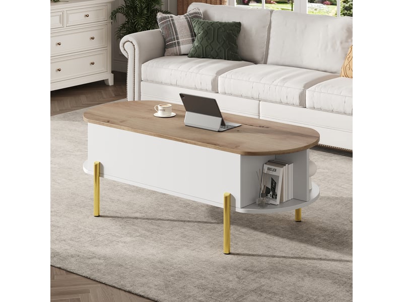  Table basse relevable 120x50 cm avec rangement caché, bois et blanc, pieds métal doré  - Conforama B