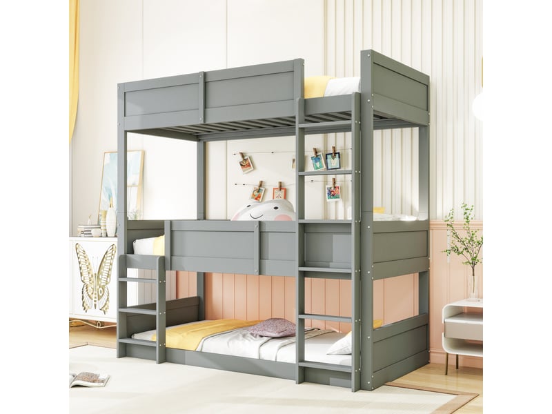 Lit superposé enfant 3 places 90×200 cm avec barrières - modulable, bois gris, sans matelas - Conforama B