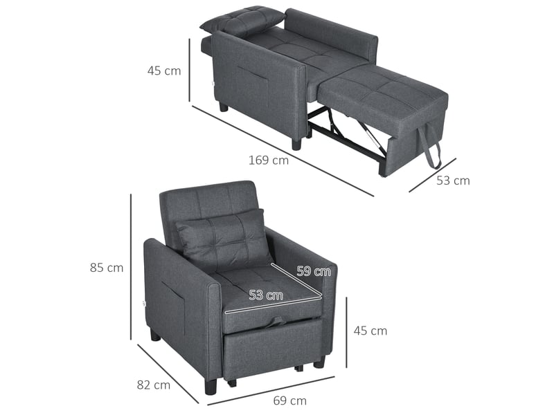 Fauteuil convertible 1 place 3 en 1 dossier réglable en 3 positions oreiller inclus 2 poches latérales gris 69x82x85cm - Conforama C