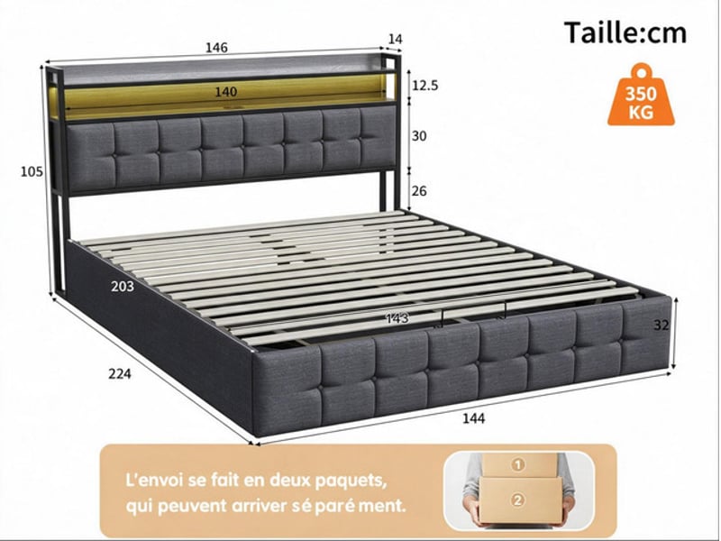 Lit coffre 140x200 cm ezssw, coloris gris - Conforama C