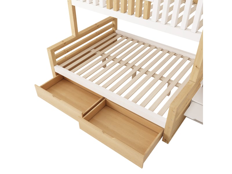  Lit superposé enfant cabane 90x200 et 140x200 cm avec tiroirs blanc et chêne, sans matelas  - Conforama R
