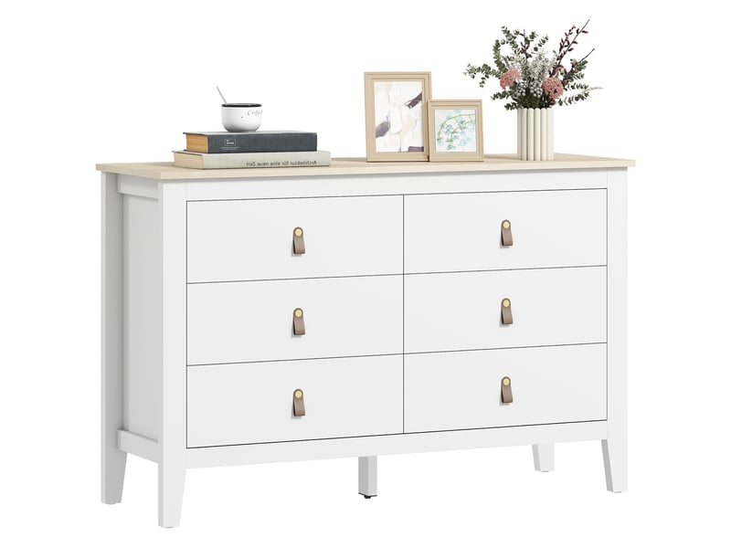  Commode à 6 tiroirs, poignées en similicuir, idéale pour le salon et l'entrée, 120 x 40 x 78 cm, blanche  - Conforama A