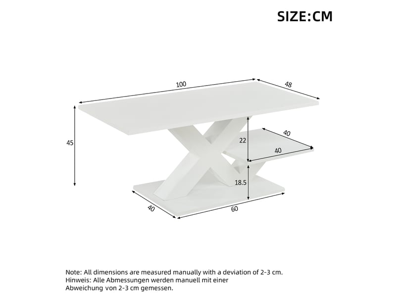 Table basse blanche brillante 100x48x45cm double plateau mdf pieds en x - Conforama C