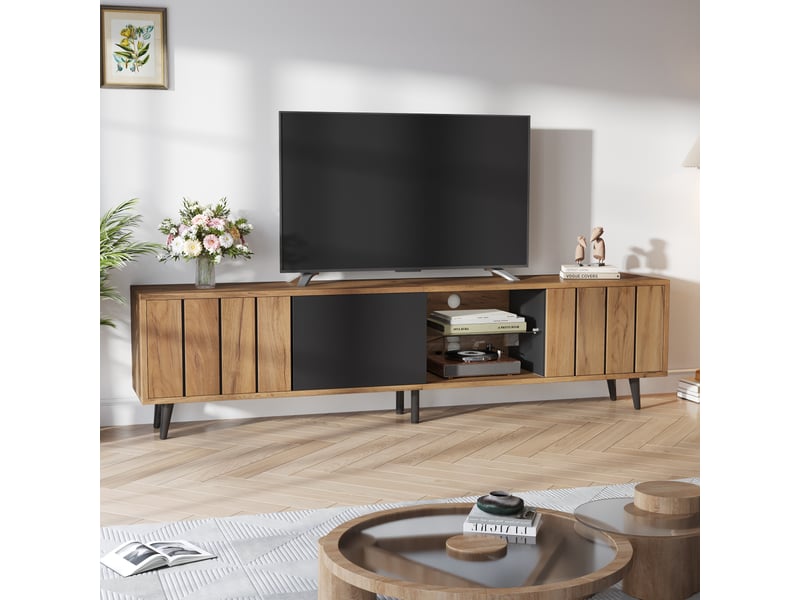  Meuble tv bois naturel et noir, meuble tv pour écran jusqu'à 75 pouces, 3 portes et niche centrale, 175 x 31,5 x 45 cm  - Conforama D