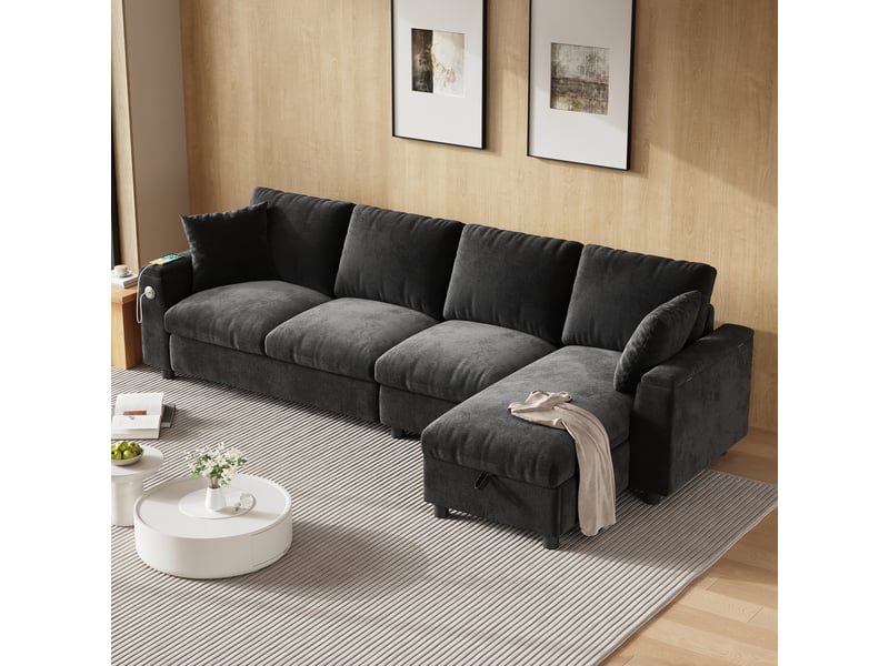  Canapé d'angle réversible, gris en tissu chenille canapé 4 places, avec rangement et table rabattable pour salon moderne, 280x137x84 cm  - Conforama B