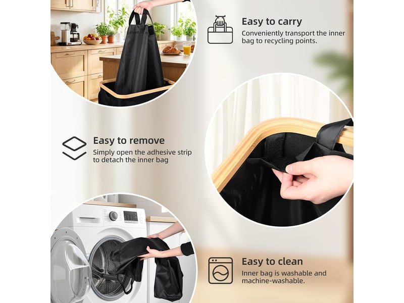  Panier à linge avec couvercle et sac intérieur amovible 100l corbeille à linge pliable grande capacité, bac à linge sale avec poignées pour chambre, buanderie, salle de bain, noir  - Conforama E