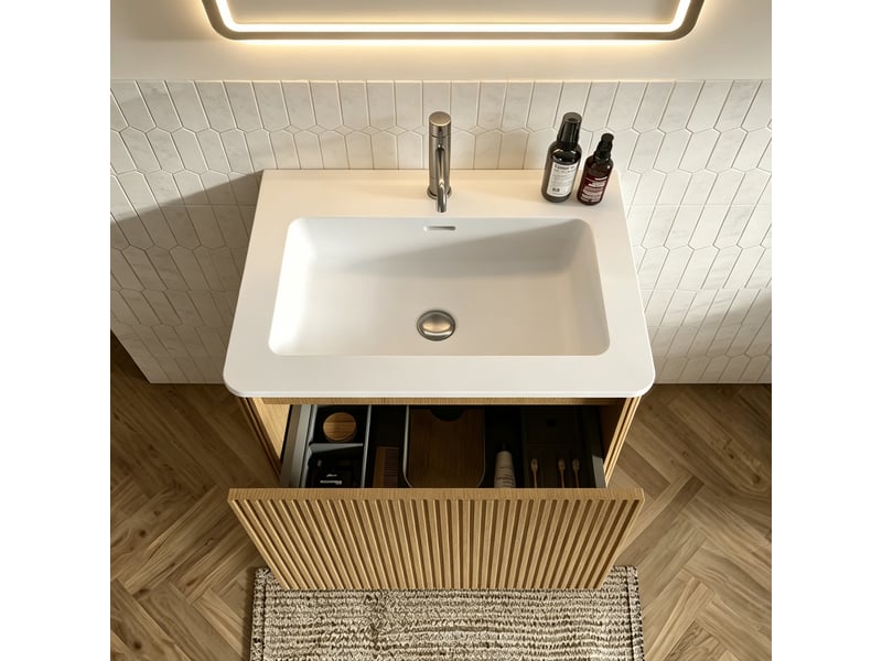  Ensemble meuble sous-vasque 60 cm 1 tiroir chêne et miroir led 50x80 cm  - Conforama D