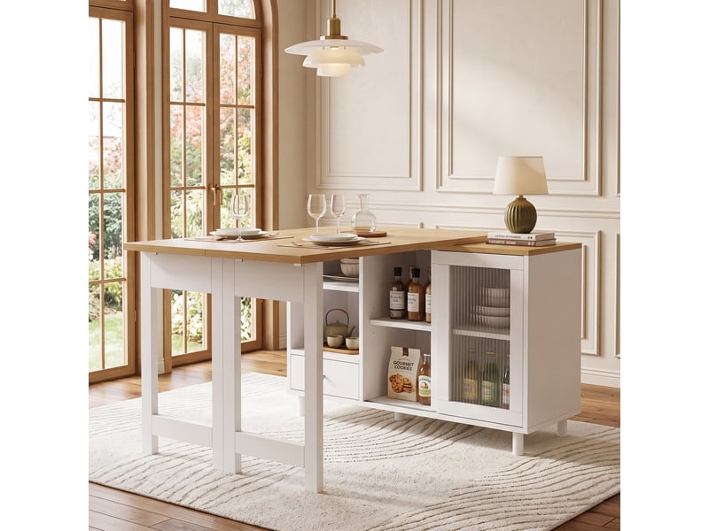 Table à manger extensible pliante nature+blanc, avec rangement, panneau vitré, pivotante à 360° - Conforama B