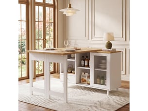 Table à manger extensible pliante nature+blanc, avec rangement, panneau vitré, pivotante à 360°