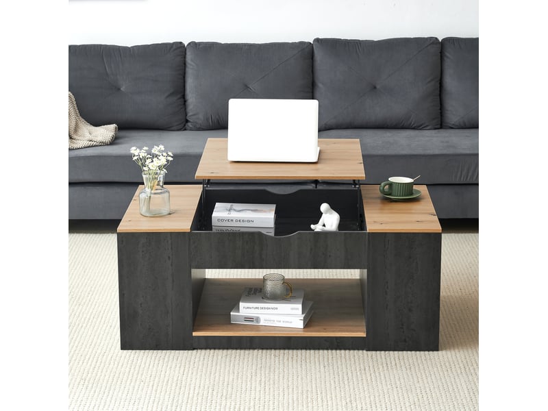  Table basse relevable 109,5x59,7x43 cm avec rangements gris et marron effet bois  - Conforama B