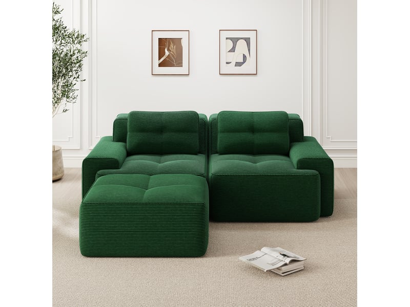 Canapé d'angle modulable ulevr 2 places avec ottomane, assise profonde 74 cm, velours côtelé vert, 204 x 177 x 69 cm - Conforama E