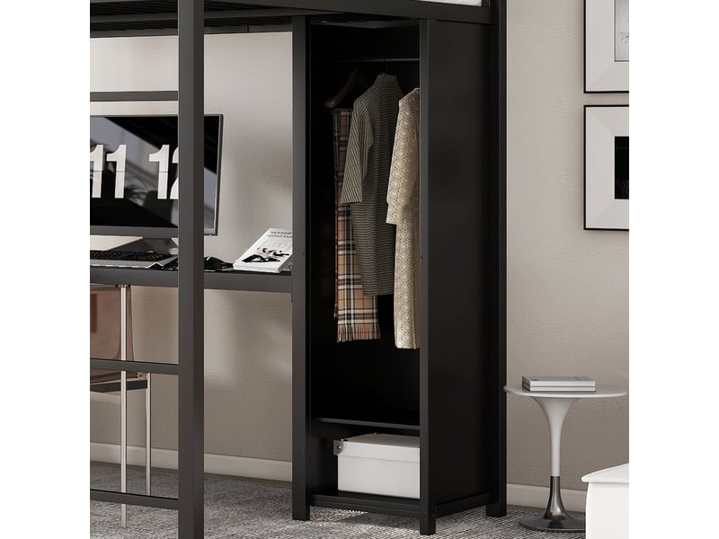 Lit surélevé en métal 140 × 200 cm, avec plusieurs étagères, armoire et bureau, compartiments de rangement au niveau supérieur, adapté aux adolescents, noir - Conforama R