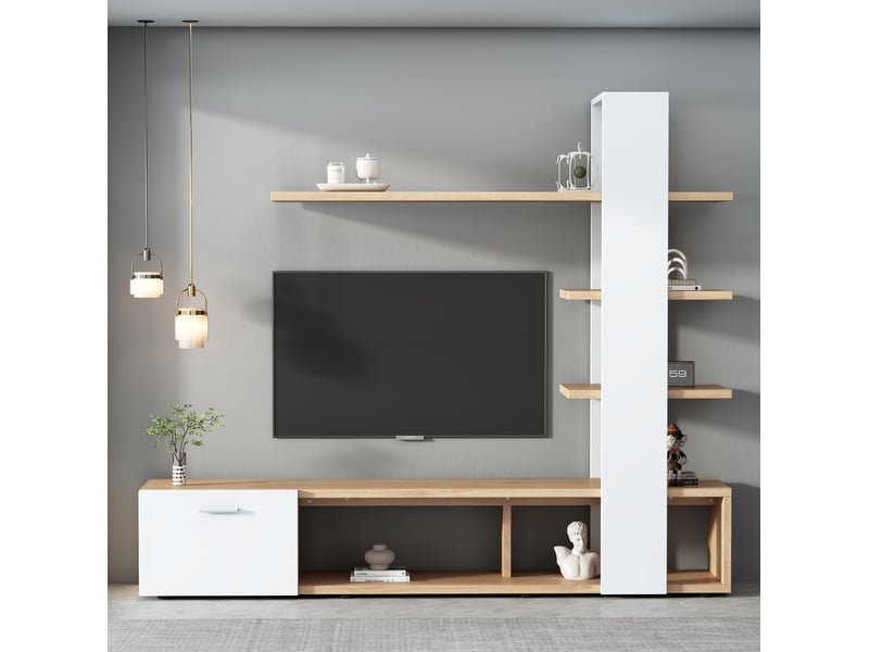  Meuble tv mural 180 x 33,5 x 151,5 cm avec rangements, blanc et bois clair  - Conforama E
