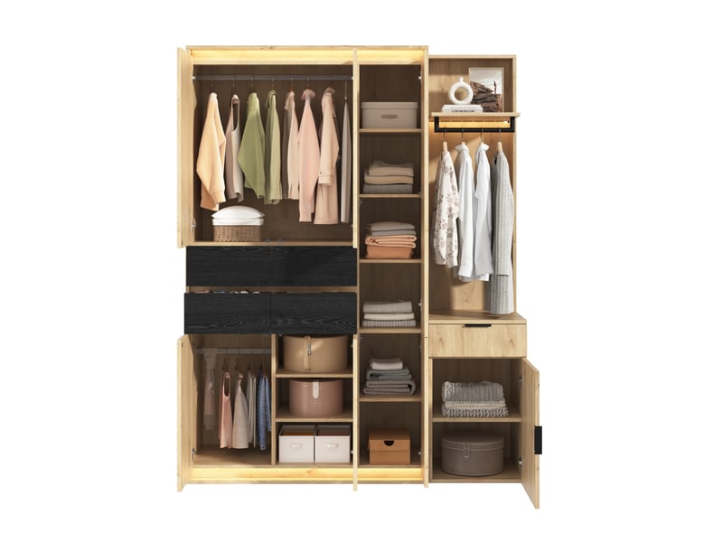  Armoire dressing tcqpz 155 x 47 x 200 cm 3 tringles 5 tiroirs miroir led mdf anthracite et chêne  - Conforama A