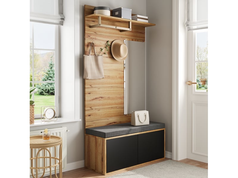  Meubles d'entrée avec miroir, assise rembourrée, tringle et meuble à chaussures 2 portes, noir et bois, pour hall  - Conforama C