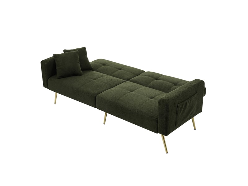 Canapé convertible 2 places en tissu bouclette, canapé vert avec pieds dorés, dossier inclinable 3 positions, avec coussins et poches. - Conforama D