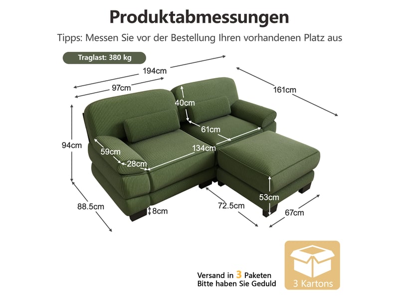  Canapé d'angle modulable 2 places en velours côtelé vert, avec pouf, assise profonde, coussin lombaire, 194×161×94 cm  - Conforama C