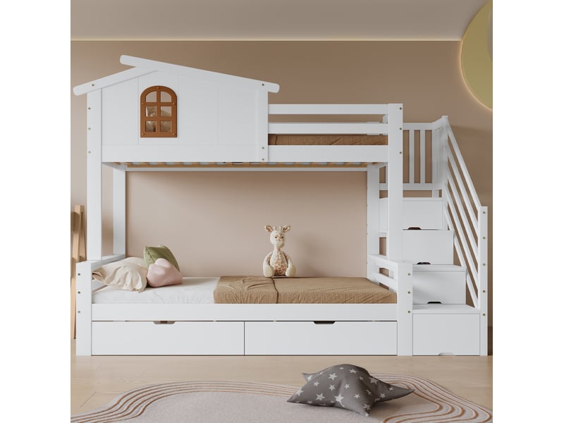  Lit superposé enfant 90x200 et 120x200 cm, 2 tiroirs, fenêtres et escalier d'angle, mdf, blanc et naturel sans matelas  - Conforama D