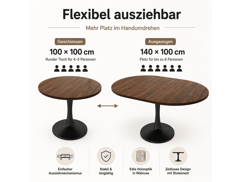 Table à manger ovale extensible 100140 x 100 x 75 cm en mdf et fer finition noyer, charge 100 kg, montage en 15 min. - Conforama E
