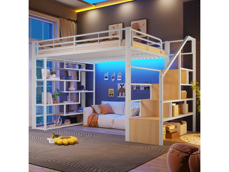  Lit mezzanine métal 140x200cm avec étagère , échelle intégrée, bande led et espace libre dessous, blanc evarich - Conforama B