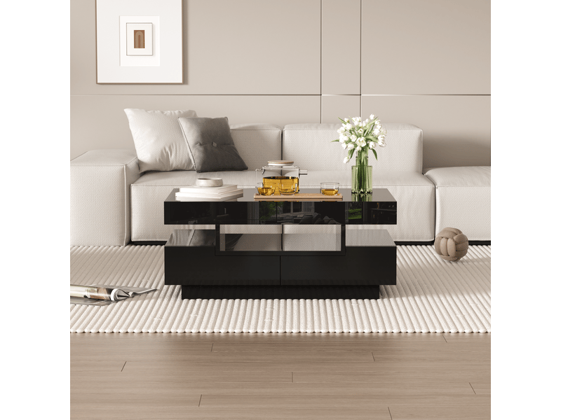  Table basse avec 4 tiroirs, 3 niches et led réglable, finition brillante, pour salon, en panneau de particules, noir - uvrion  - Conforama D