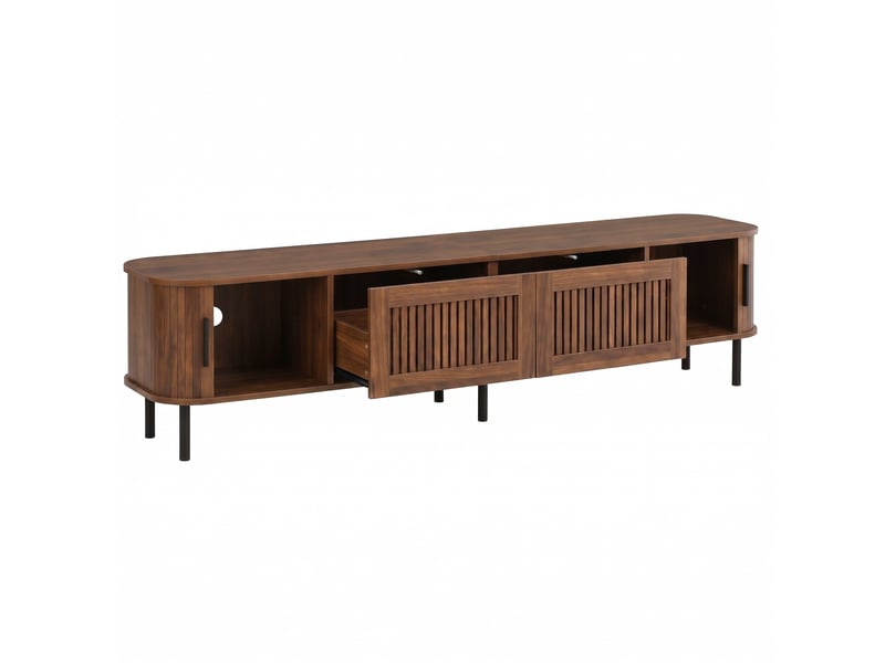  Meuble tv avec 2 tiroirs, 2 portes coulissantes et led pour salon 180×40×44,5 cm en mdf noyer  - Conforama C