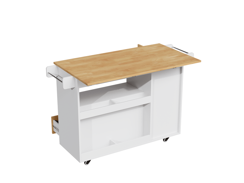 Îlot de cuisine mobile 120x70x91 cm blanc et bois, plateau rabattable, 2 tiroirs et roulettes Fay Lum - Conforama E