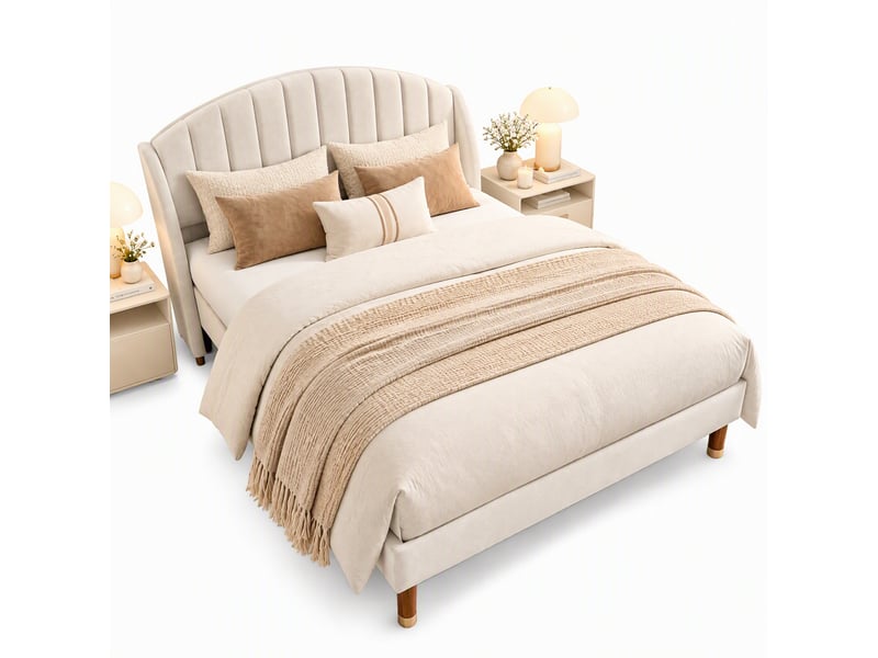  Lit double 140x190 en velours beige, lit adulte rembourré, sommier à lattes, tête de lit épaisse,lit 2 places  - Conforama A