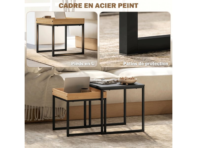  Lot de 2 tables basses gigognes carrées, tables gigognes de salon avec cadre en acier, noir, style moderne  - Conforama E