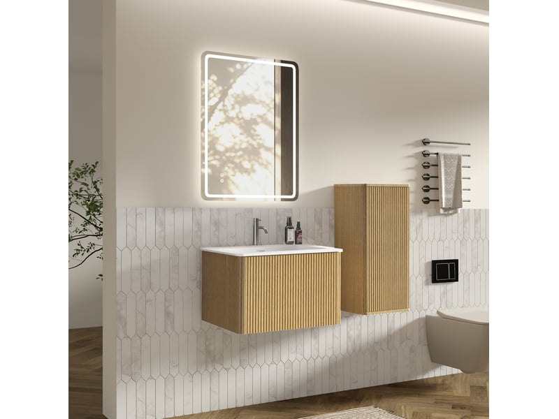 Meuble de salle de bains 60 cm avec miroir led, mdf, coloris chêne  - Conforama C