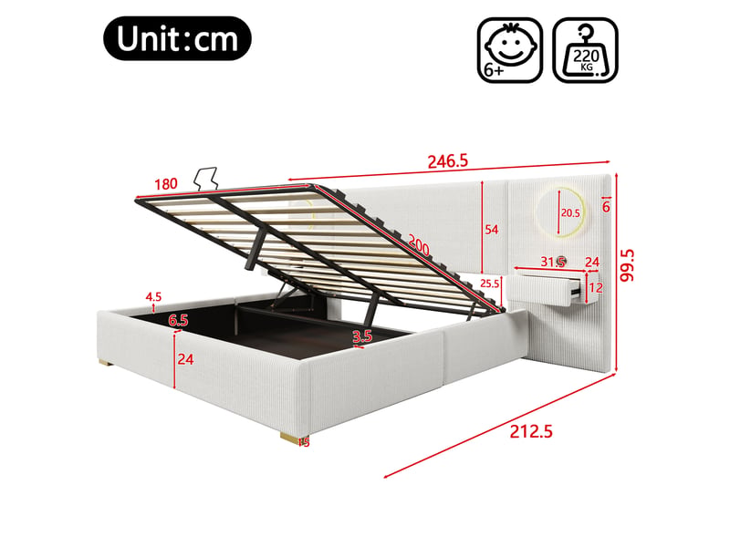  Lit coffre 180 × 200 cm 2 places avec led, usb, rangement hydraulique et tête de lit rembourrée, sans matelas, beige  - Conforama D