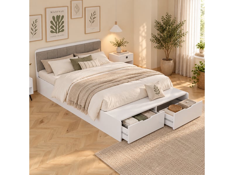  Lit double enfant et adolescent 140x200cm avec tête de lit rembourrée, banquette au pied et 2 tiroirs de rangement, cadre en bois, blanc evarich - Conforama E