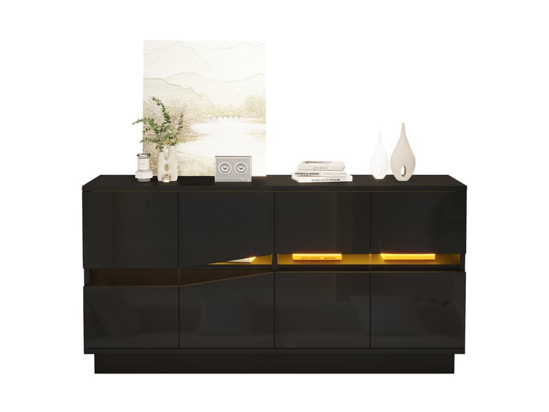  Buffet bas 4 portes avec led bluetooth 140x35x70 cm noir brillant  - Conforama R