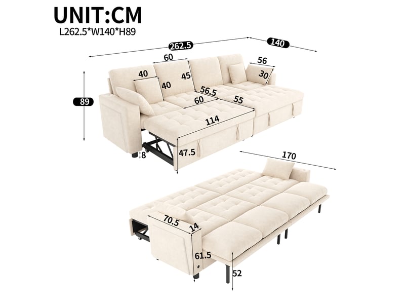  Canapé d’angle convertible 4 places en l, led, usbtype-c, dossier réglable 3 positions, chenille, beige Bliss Lite - Conforama C