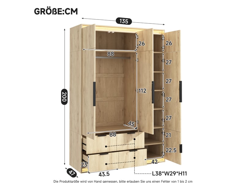  Armoire 135x47x200 cm avec miroir et led, 1 tringle, 4 tiroirs, mdf, coloris bois chambre et dressing pour dressing  - Conforama C