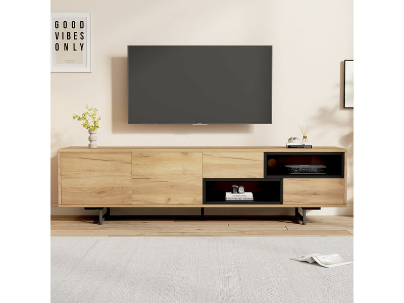  Meuble tv bas 173 cm couleur bois - rangement ouvert et tiroirs - pour écran jusqu'à 70 pouces  - Conforama R