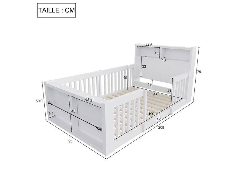  Lit enfant 90x190 avec barrière de sécurité, usb, veilleuse et rangement en bout de lit sans matelas  - Conforama C