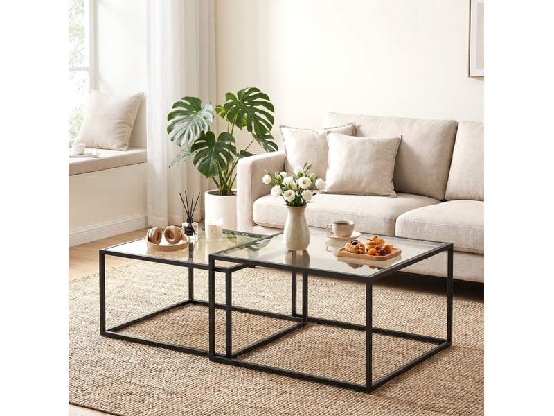  Tables basses gigognes rondes 2 pièces en verre trempé avec cadre métallique noir et pieds réglables pour salon  - Conforama B