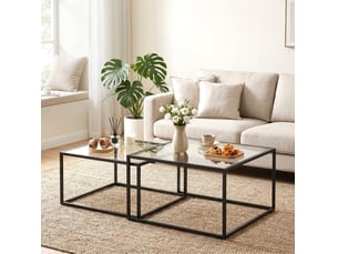 Tables basses gigognes rondes 2 pièces en verre trempé avec cadre métallique noir et pieds réglables pour salon